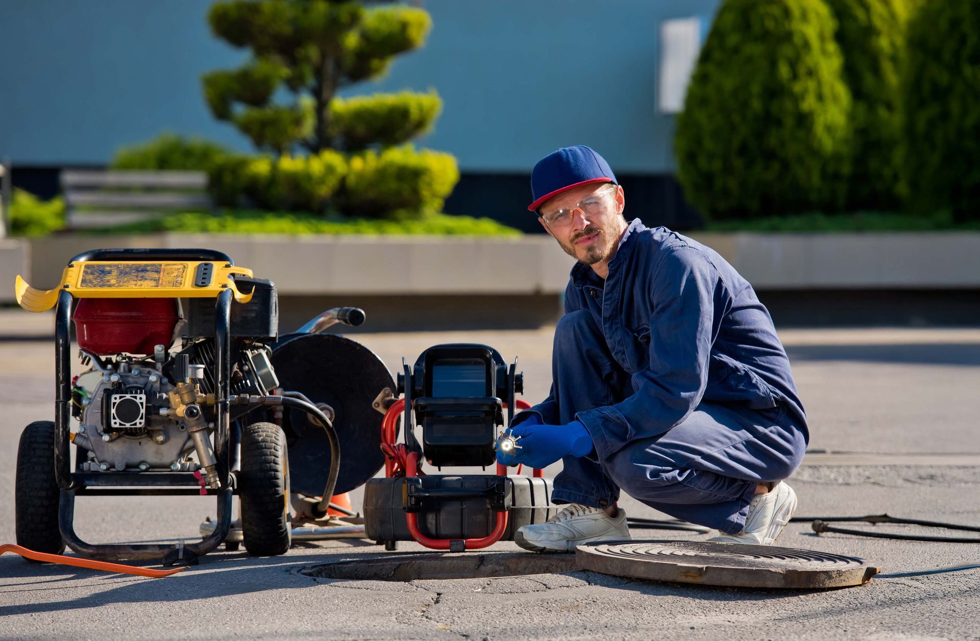 Plumber crouches near open manhole, examining equipment. A generator and camera on cart nearby.