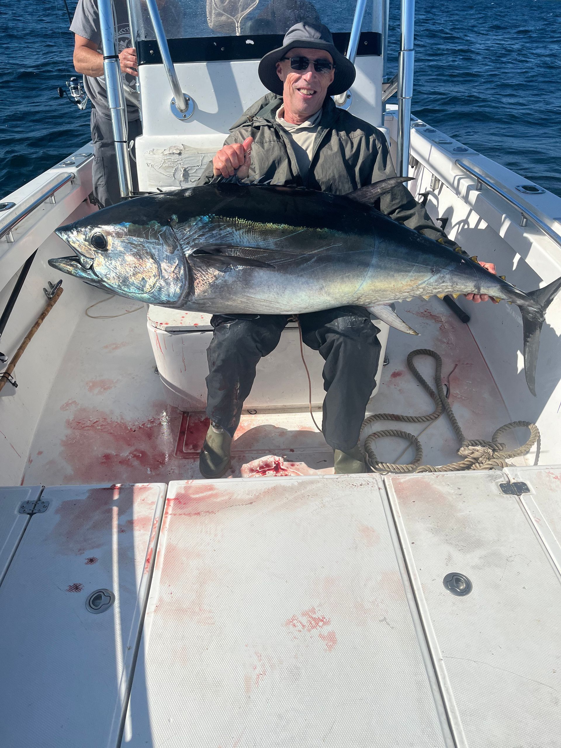 A man is sitting on a boat holding two large fish.