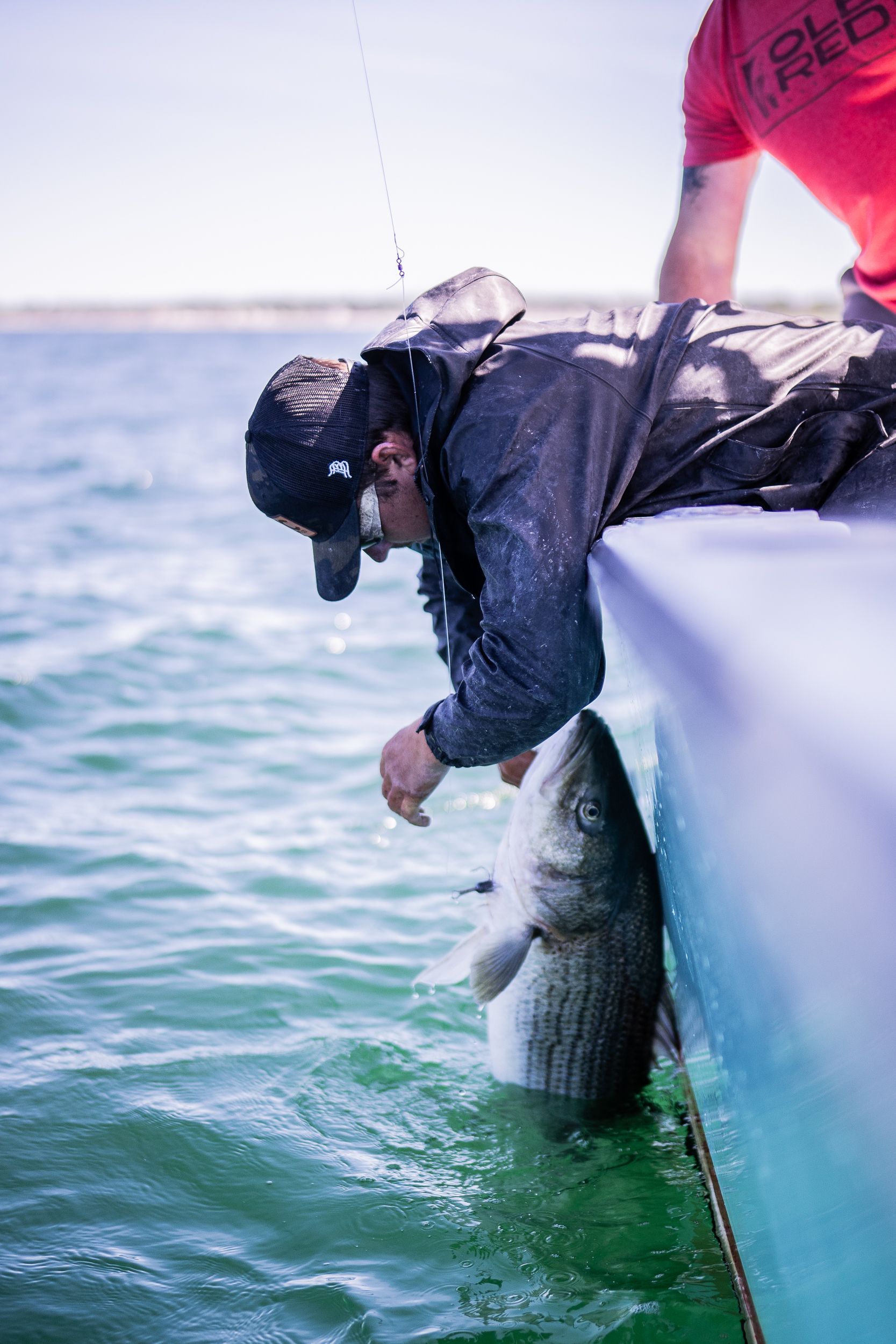 A man is holding a large fish on the side of a boat.
