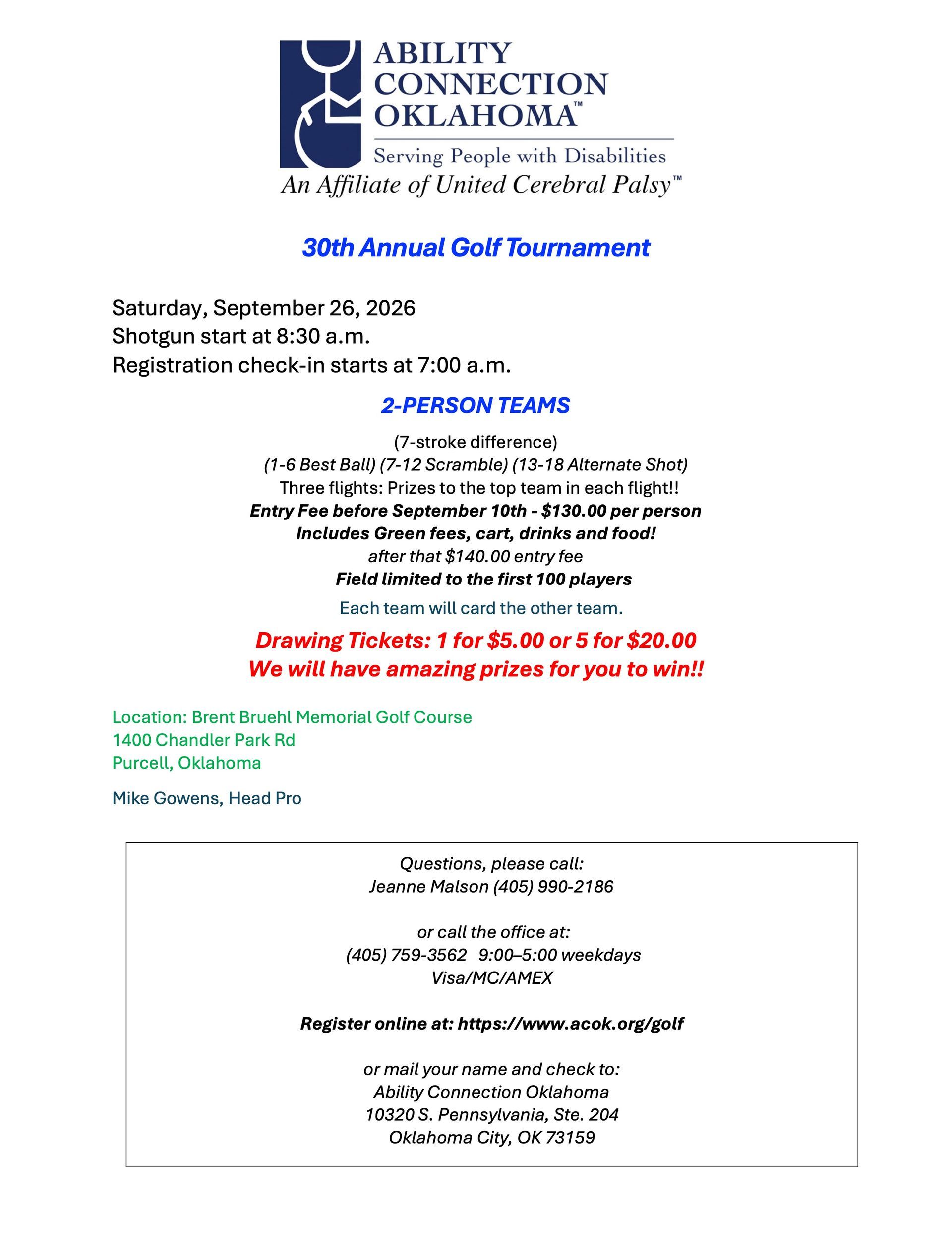 Golf tournament flyer with date, location, registration details for Ability Connection Oklahoma.