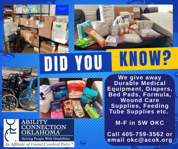 Advertisement: Ability Connection Oklahoma provides medical supplies. Includes images of equipment, supplies, and contact info.