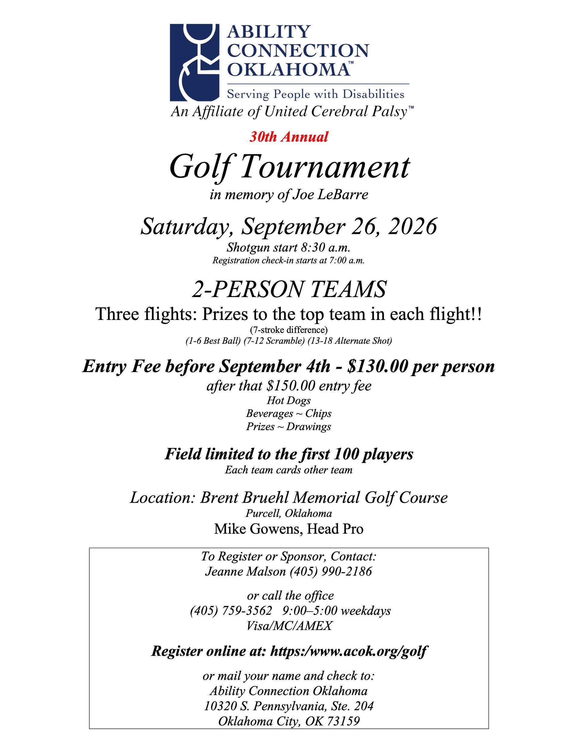 Golf tournament flyer with date, location, registration details for Ability Connection Oklahoma.