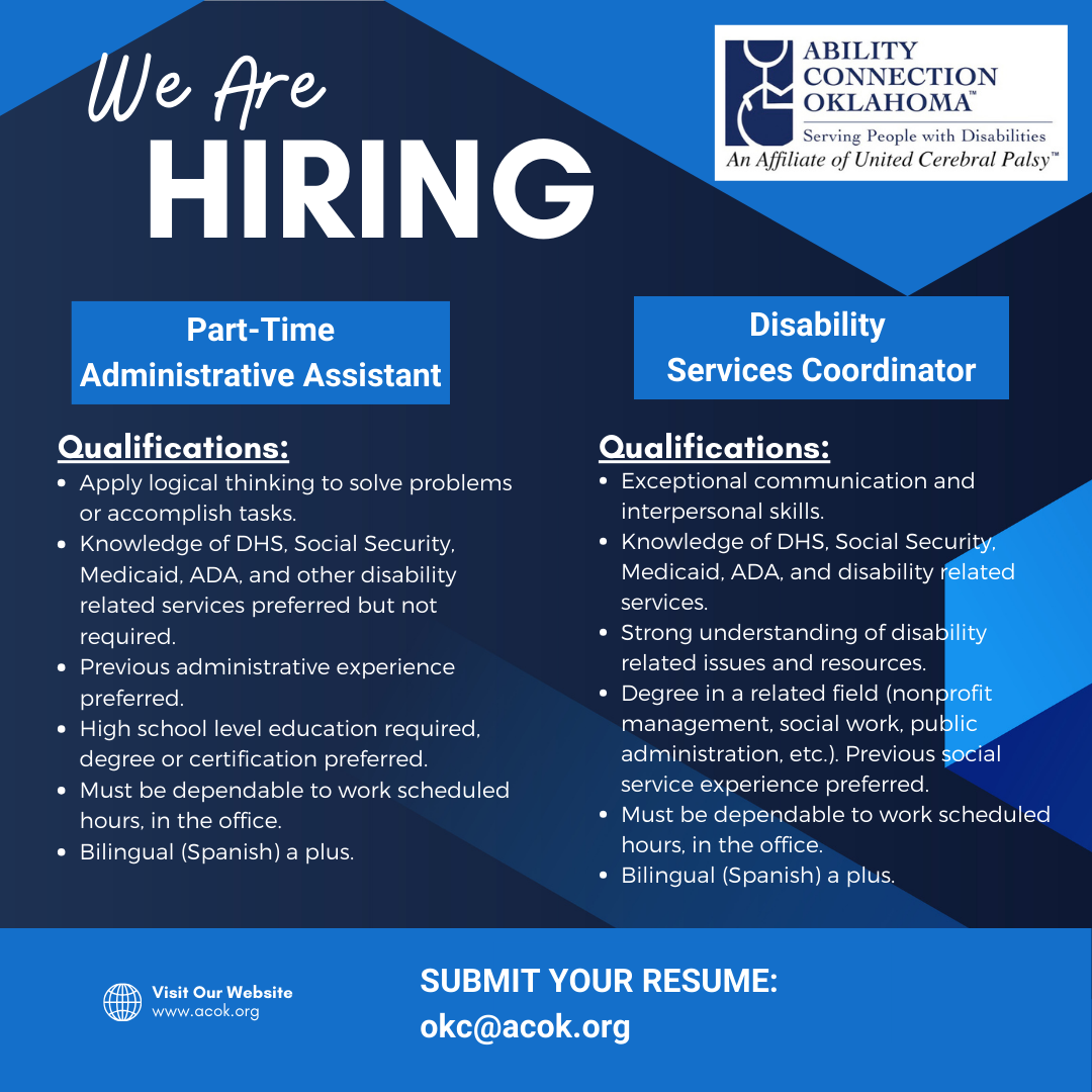 An advertisement for a part-time administrative assistant and a disability services coordinator