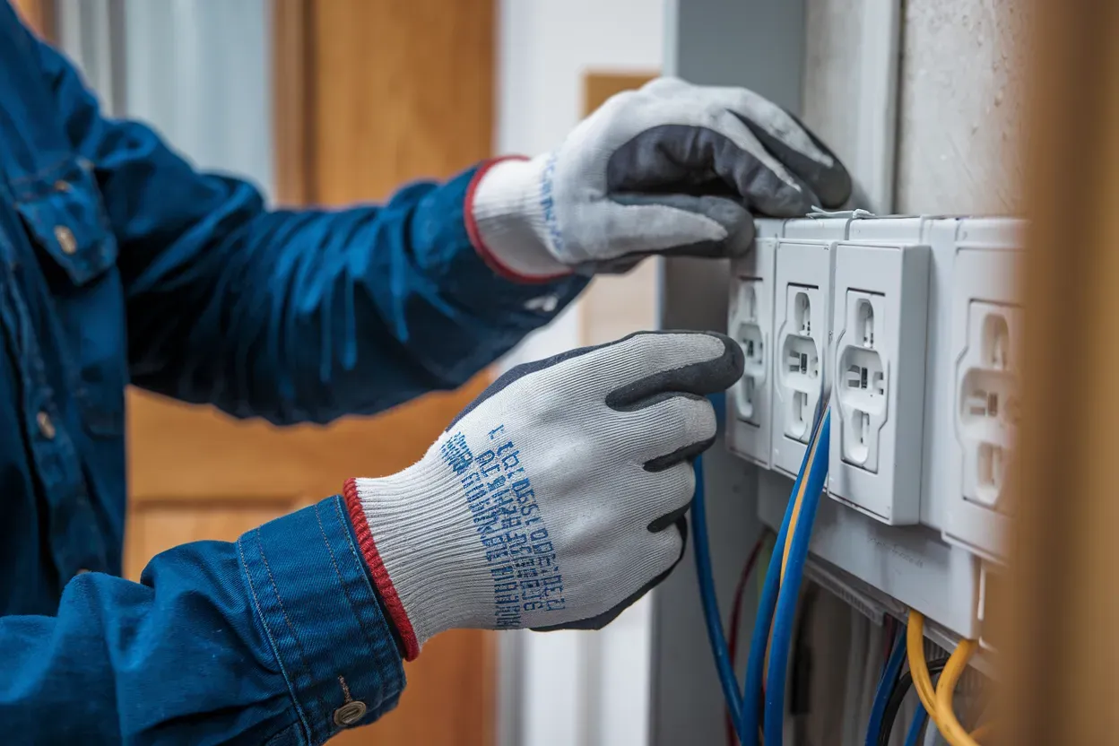 A man wearing gloves is working on an electrical box.