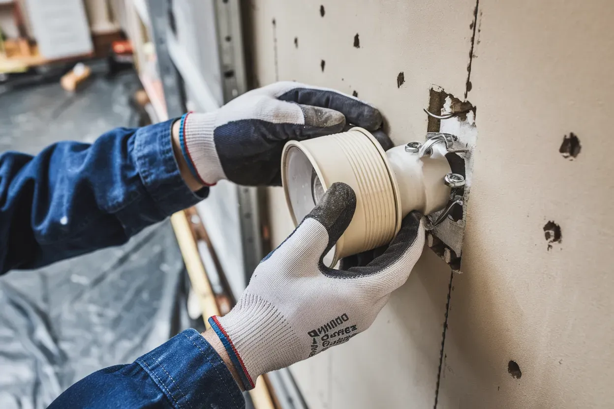 A person wearing gloves is holding a piece of tape.