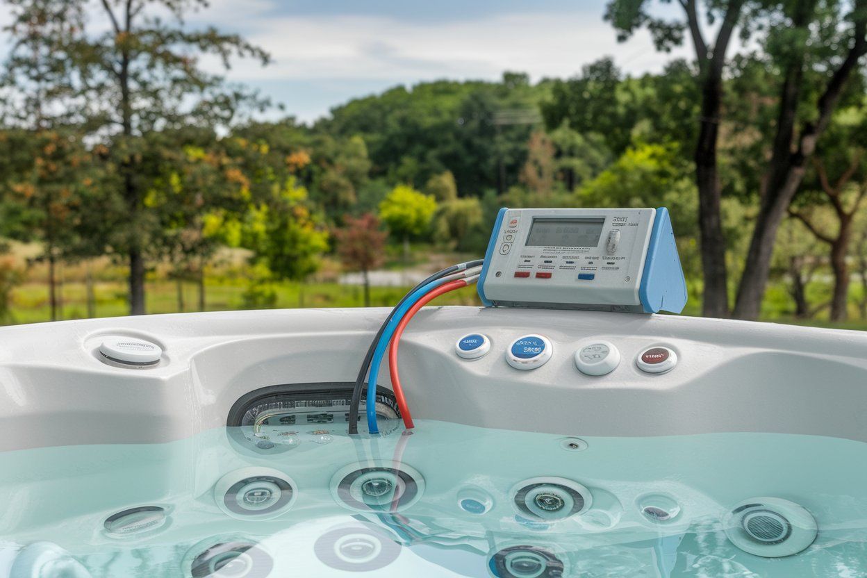 A hot tub with a device attached to the side of it.