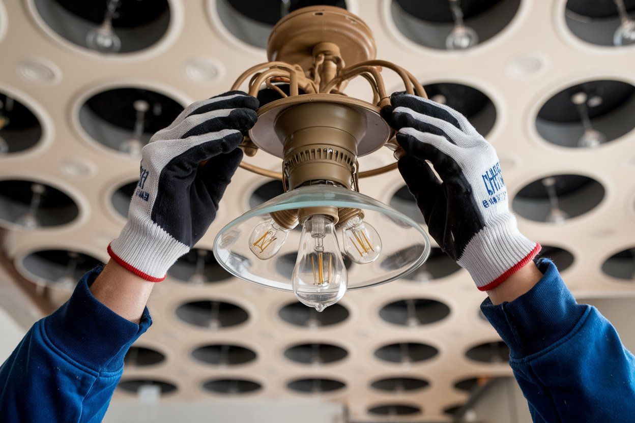 A person wearing gloves is fixing a light fixture.