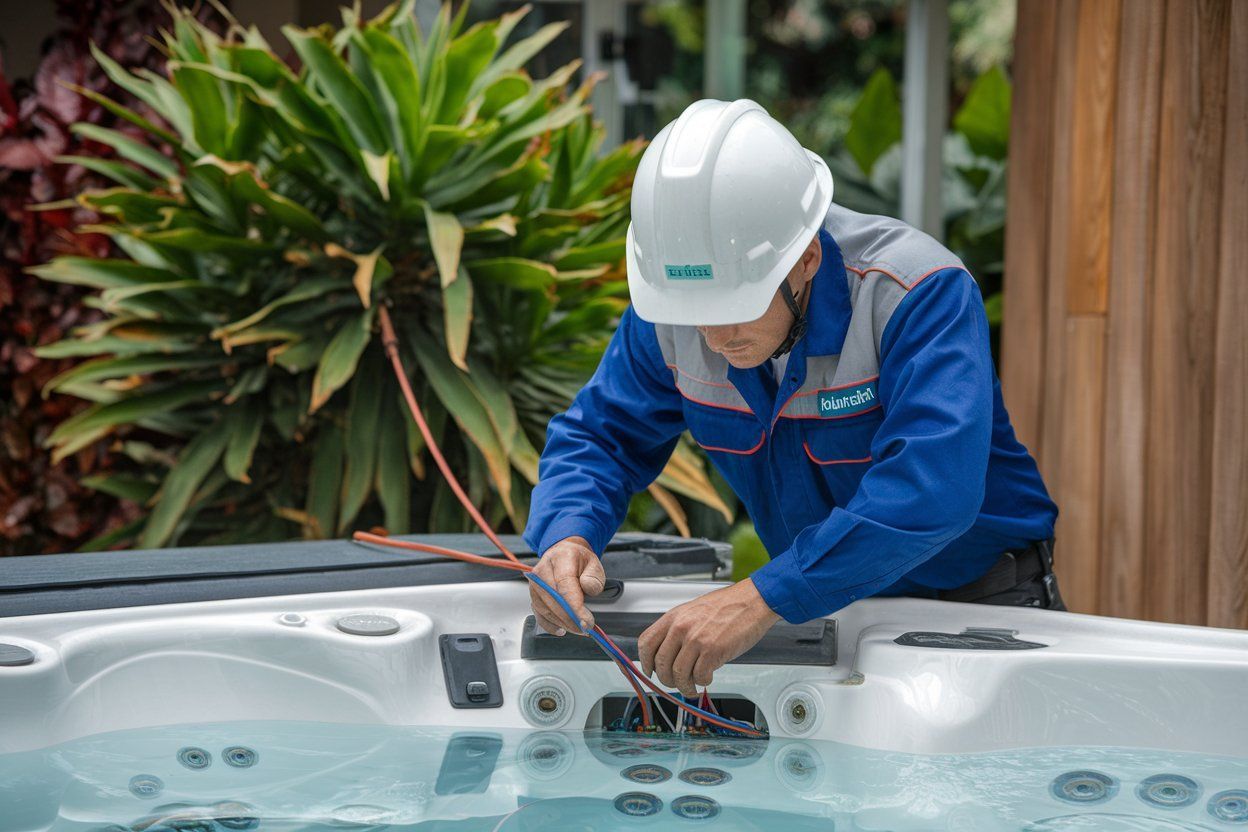 A man in a hard hat is working on a hot tub.