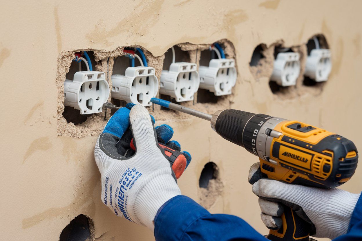 A person is using a drill to install electrical outlets in a wall.