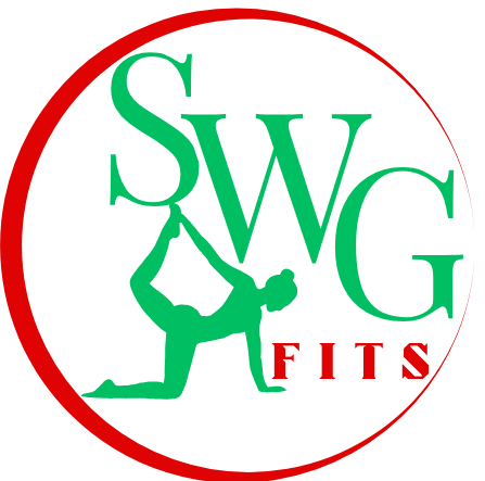 A logo for swg fits with a woman in a yoga pose