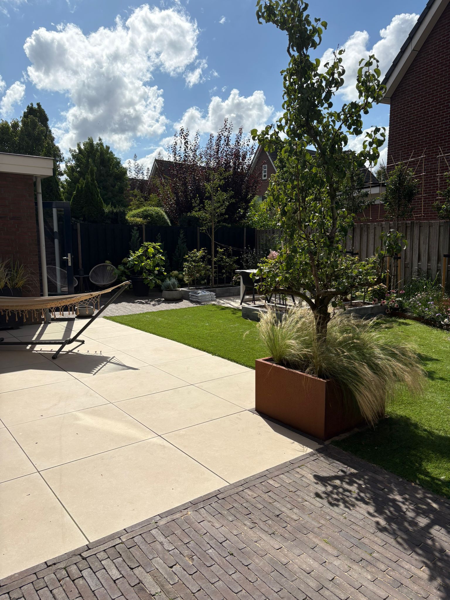 Zonnige achtertuin met terras, gazon, bomen en een plantenbak.