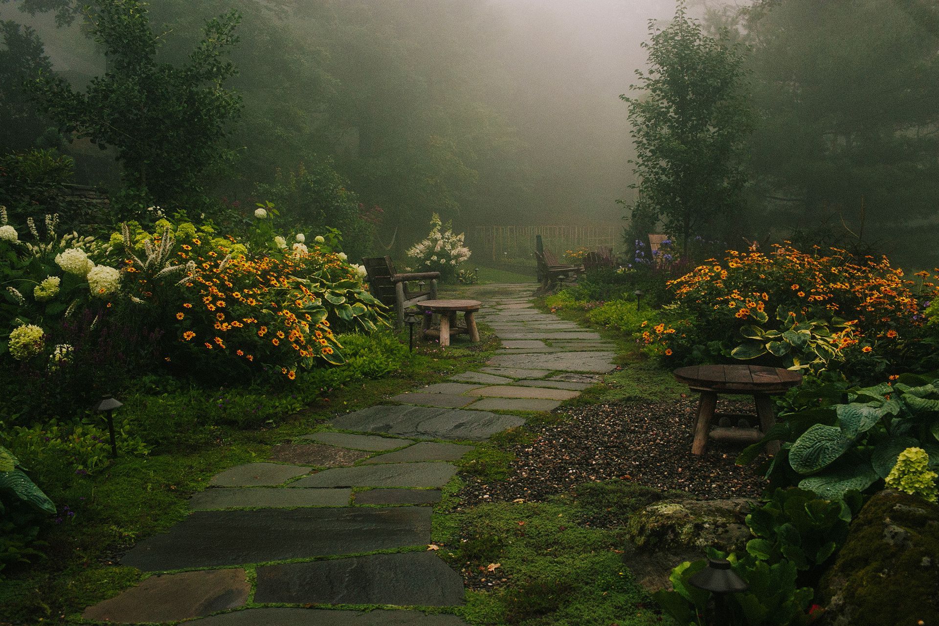 A path in a garden with flowers and trees on a foggy day.