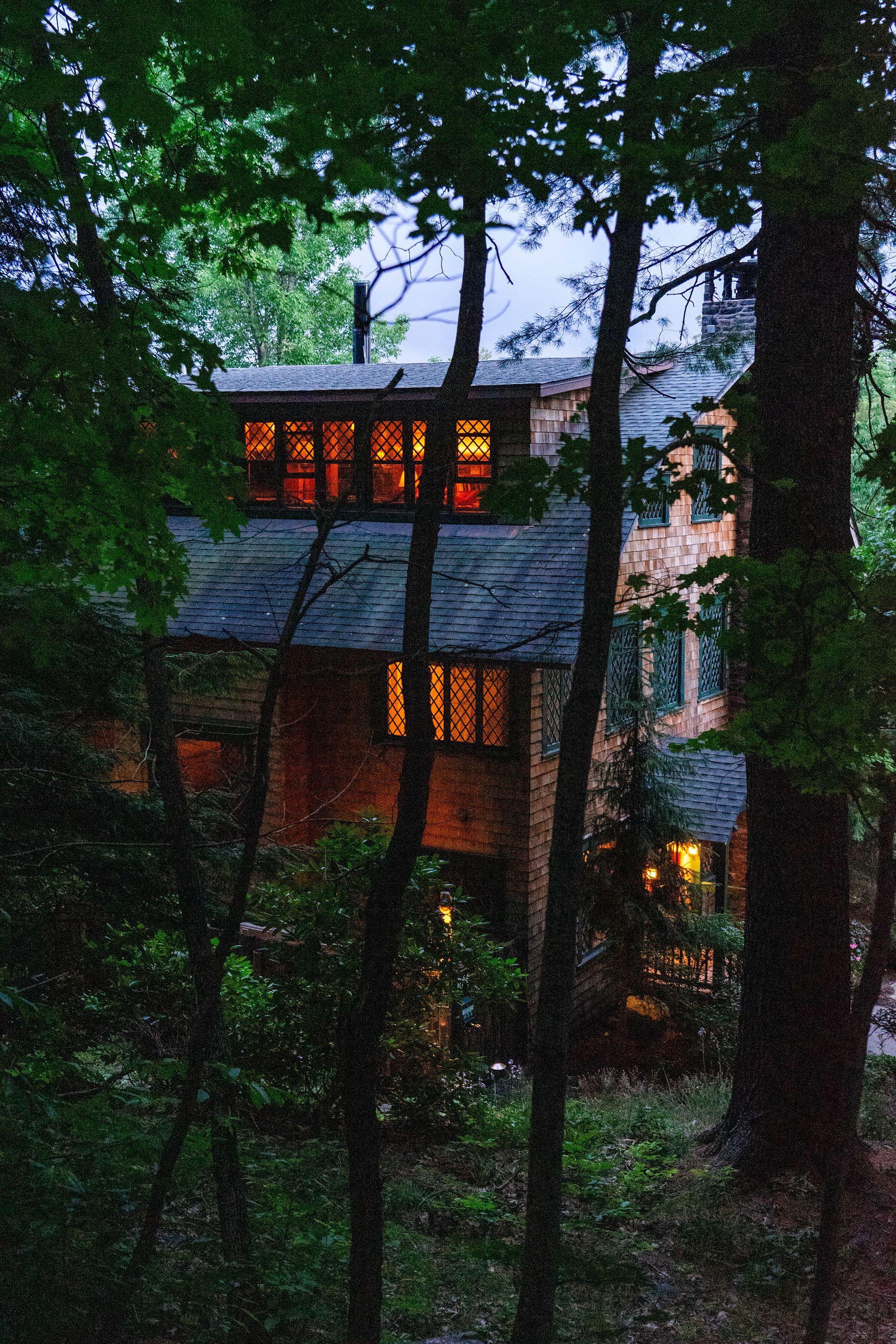 A house is lit up in the woods at night