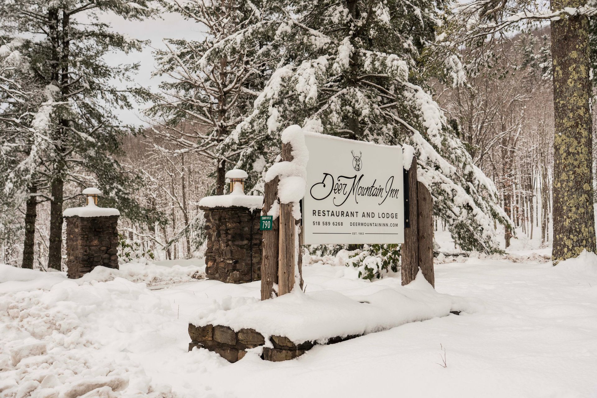 A sign is covered in snow in the middle of a snowy forest.