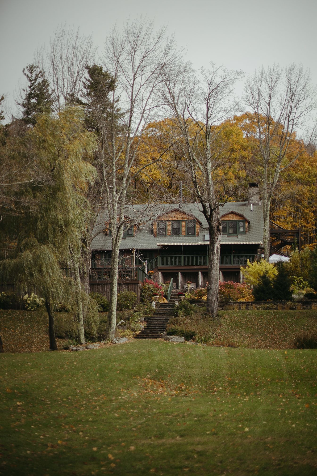 A large house is surrounded by trees and grass in the middle of a forest.