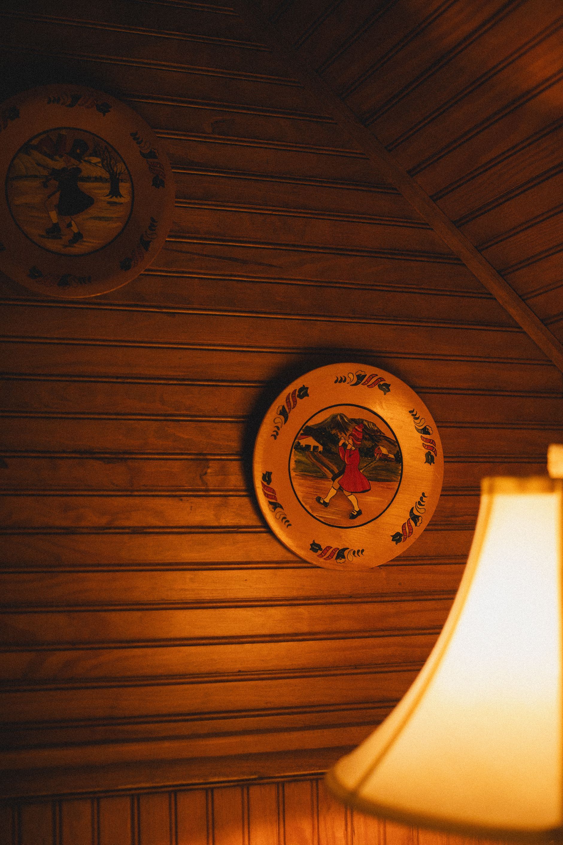 A lamp is sitting next to a wooden wall with a plate on it