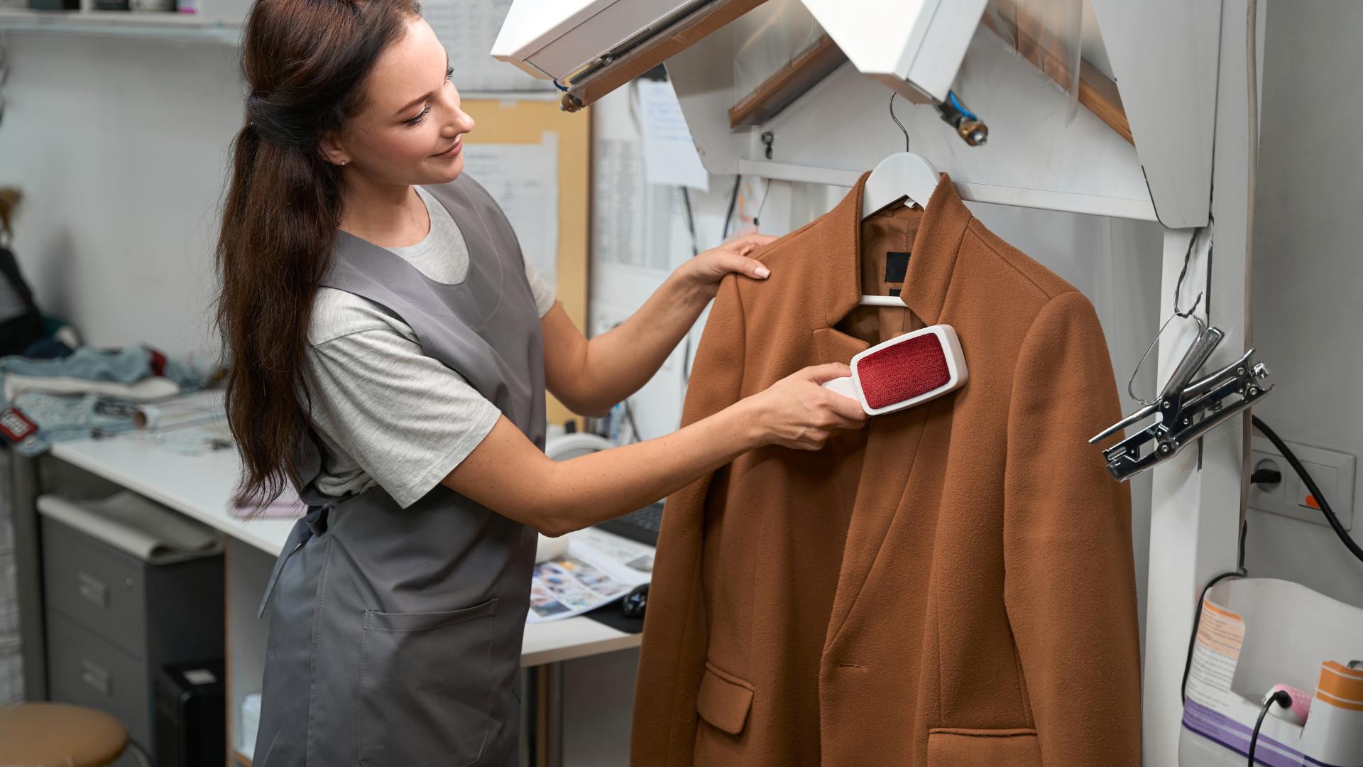 A woman is cleaning a coat with a brush in a dry cleaner.