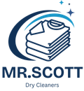 The logo for mr. scott dry cleaners shows a stack of clothes.