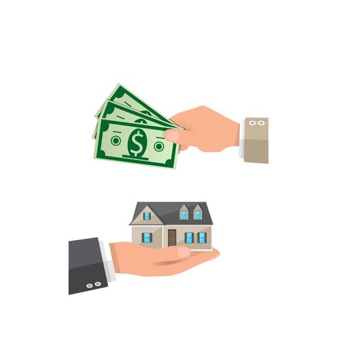 A hand is holding a house and a hand is holding money.