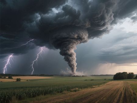 Tornado forming in a field with lightning flashing from a dark, stormy sky.