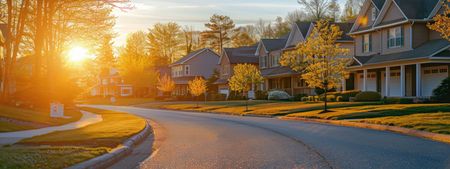 A residential street curves past houses bathed in golden sunlight. Trees line the road, suggesting a warm afternoon.