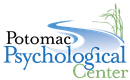 Potomac Psychological Center logo in black, blue, and green with a stylized wave and bamboo