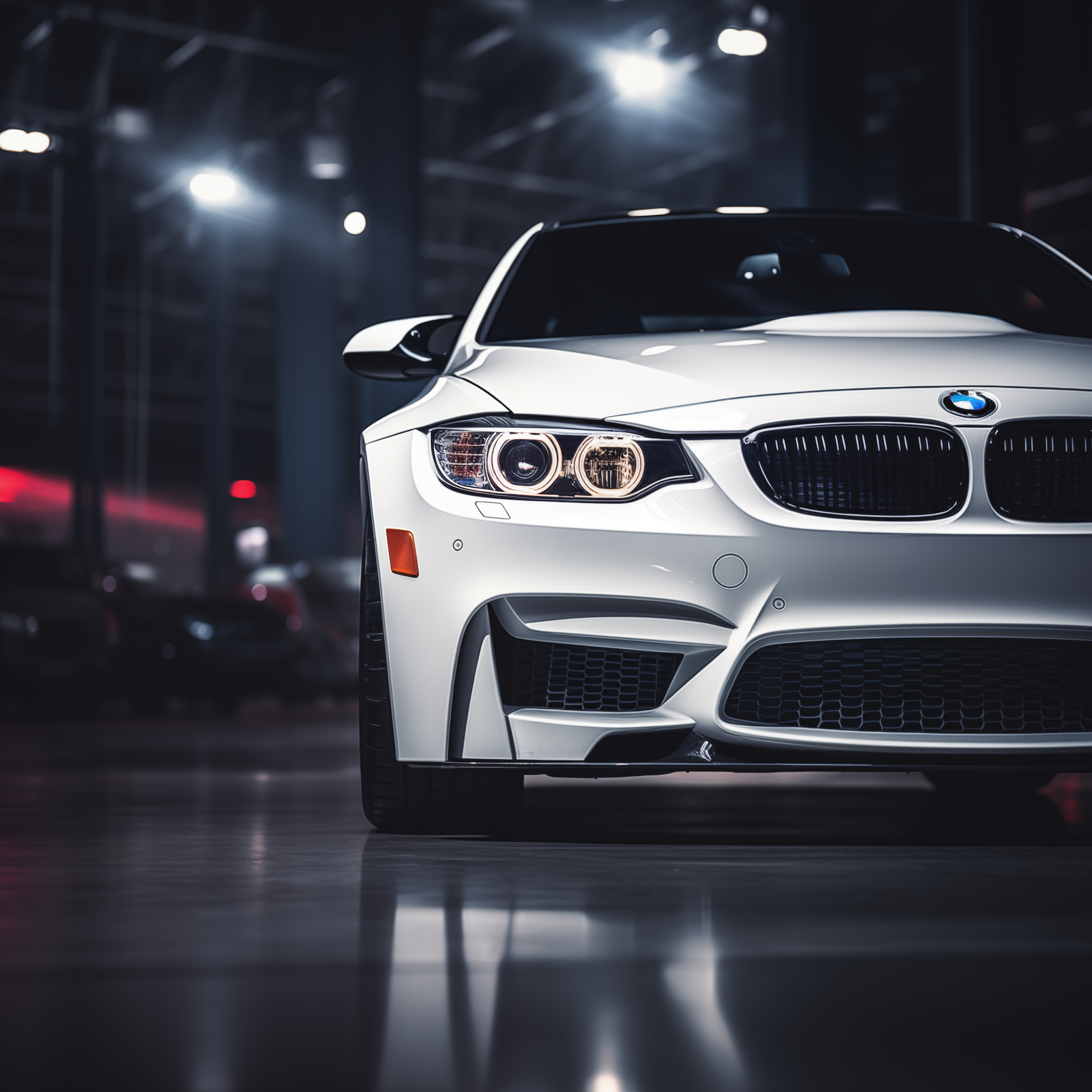 Wheel alignment close up on a BMW in a repair shop in Medford Oregon.