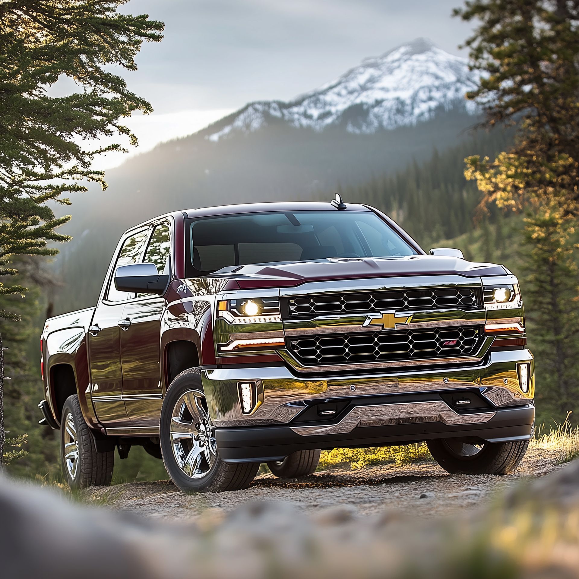 A 2018 Chevy Silverado 1500 in the woods outside of Medford, Oregon