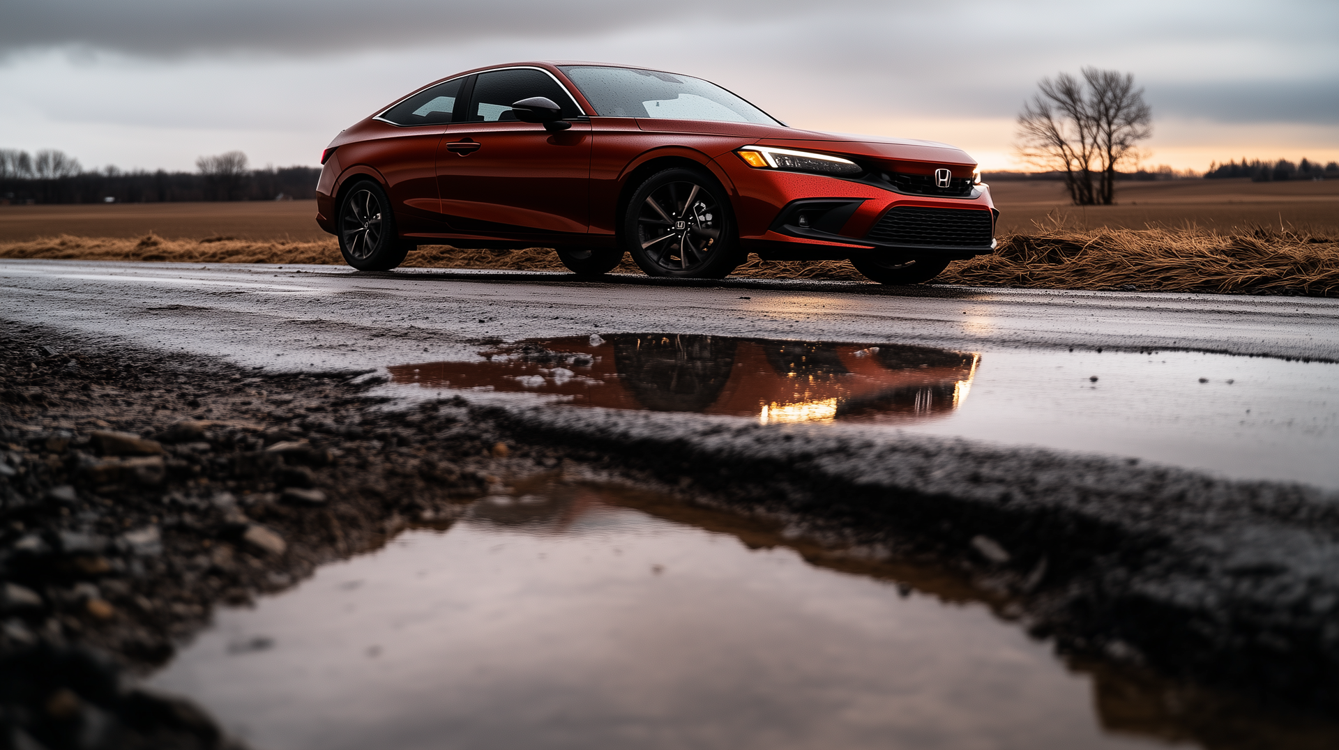 Potholes in a Medford, Oregon road with a Honda Civic in the road.