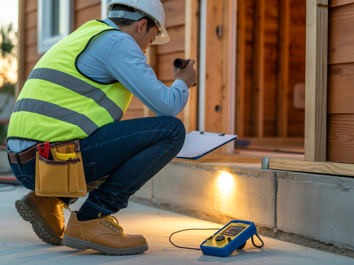 Construction worker in a reflective vest kneeling by a building foundation, inspecting with a clipboard and device.