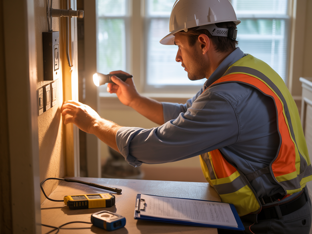 Electrician in hard hat inspecting wiring in a wall panel with a flashlight and clipboard.