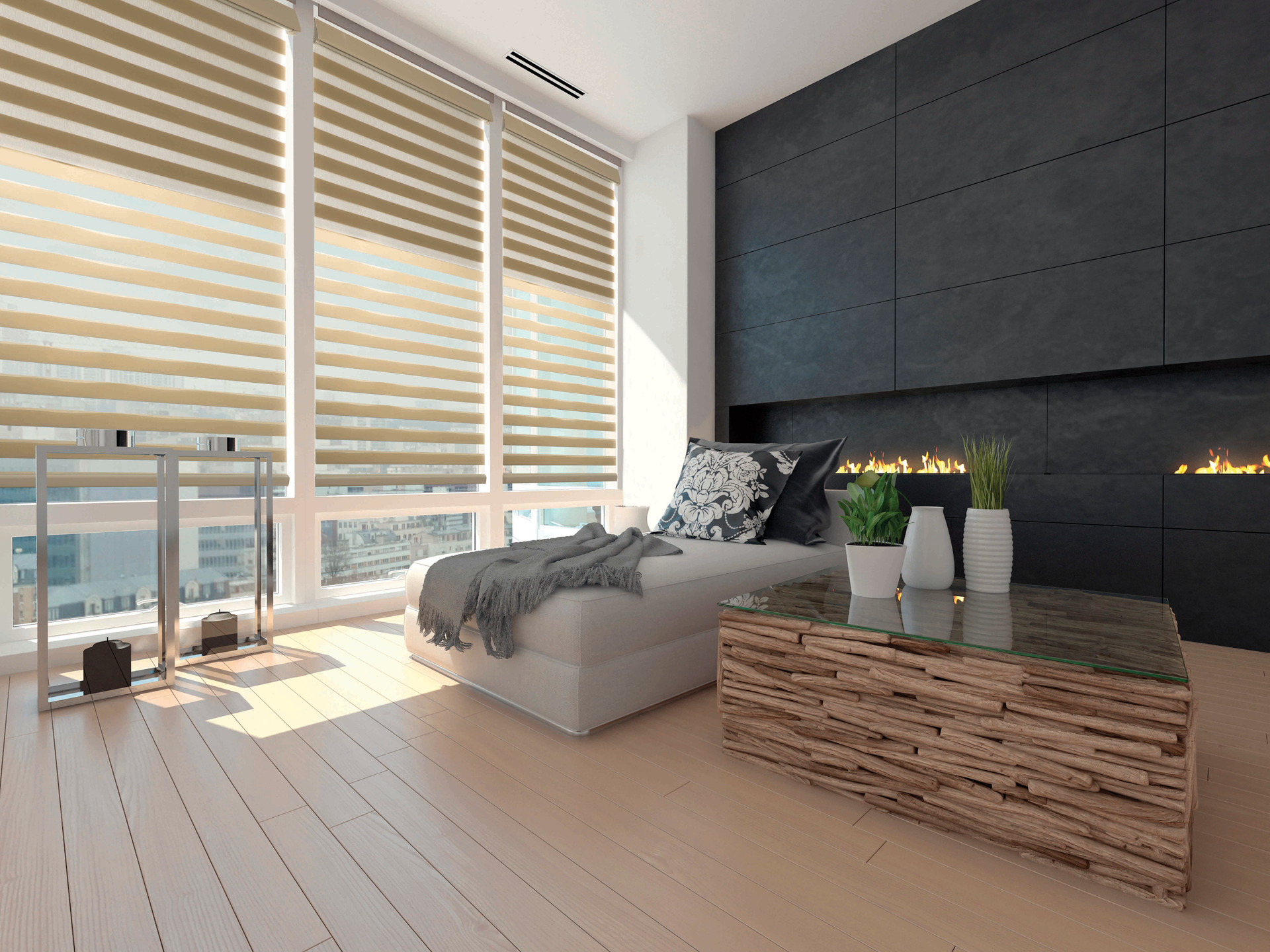 A living room with a couch , coffee table , and fireplace.