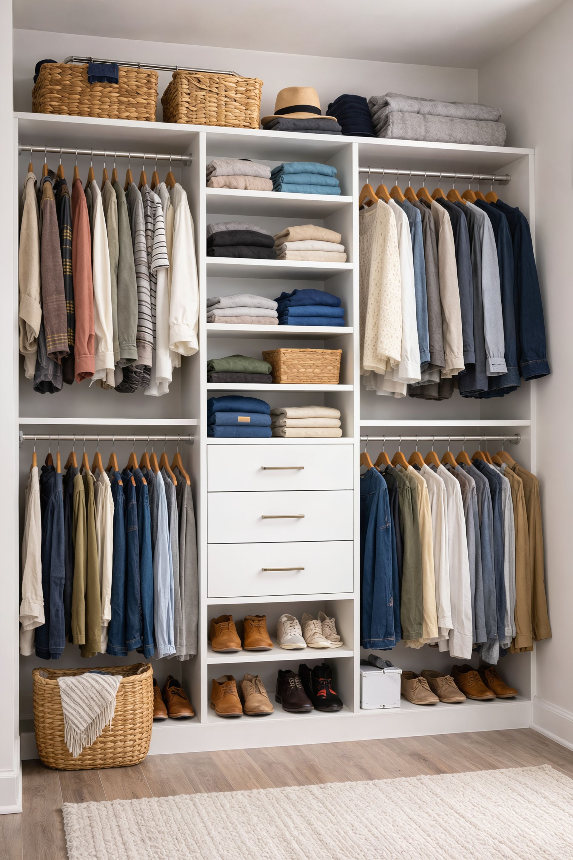 Organized white closet with clothes, shoes, baskets, and drawers.