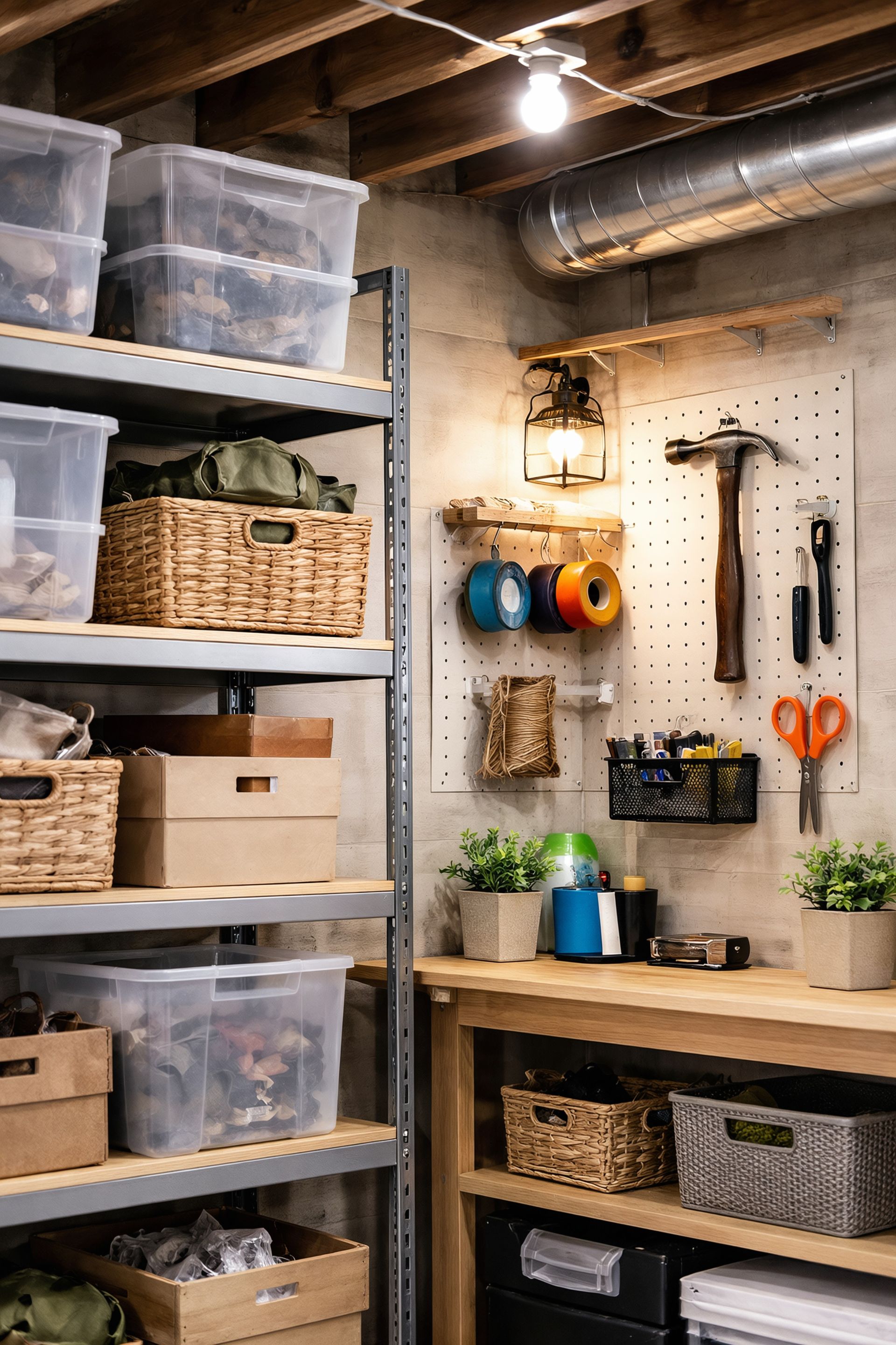 Basement workshop with shelving, clear bins, baskets, workbench, and tools hanging on a pegboard.
