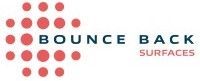 A logo for bounce back surfaces with red dots on a white background.