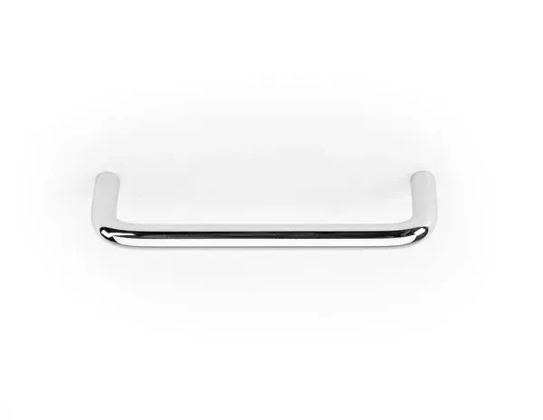 A chrome towel bar is sitting on a white surface.