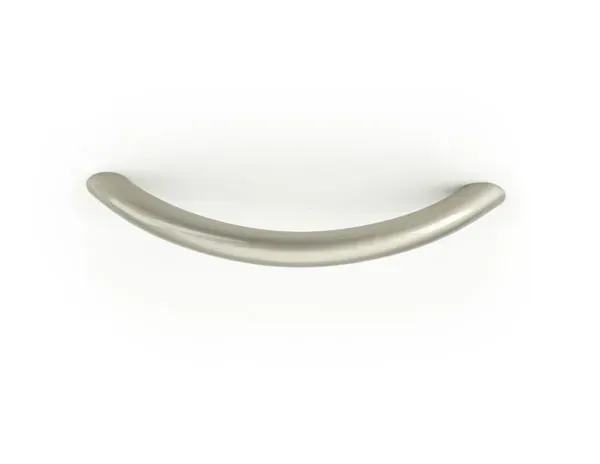 A stainless steel cabinet handle with a curved handle on a white background.