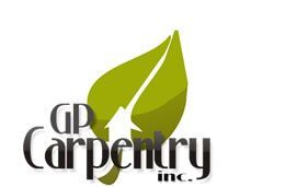 A logo for gp carpentery inc. with a green leaf and an arrow.