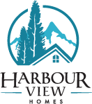 The logo for harbour view homes shows a house with trees and mountains in the background.