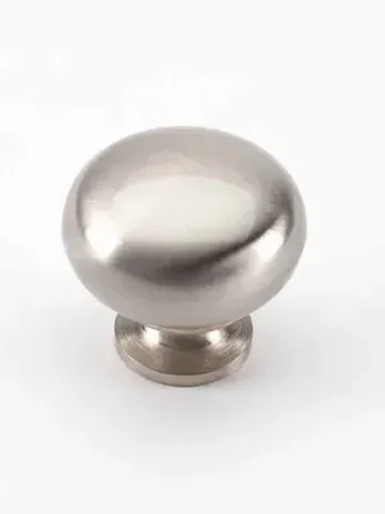 A stainless steel cabinet knob on a white background.