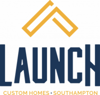 A blue and yellow logo for launch custom homes southhampton