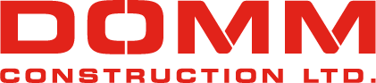 A red and white logo for domm construction ltd