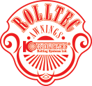 A red and white logo for a company called rolltec awnings.