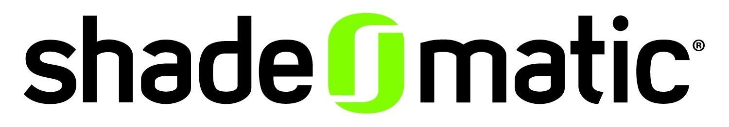 A logo for shade matic with a green circle in the middle