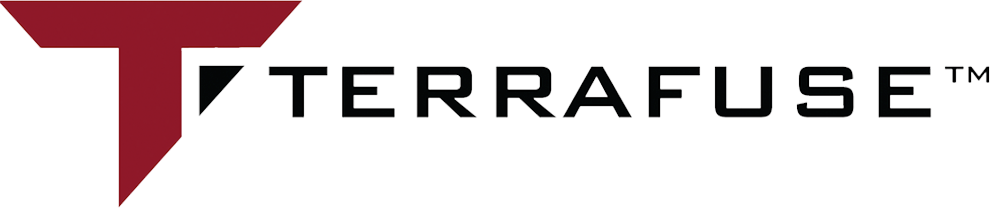A logo for terrafuse with a red t on a white background