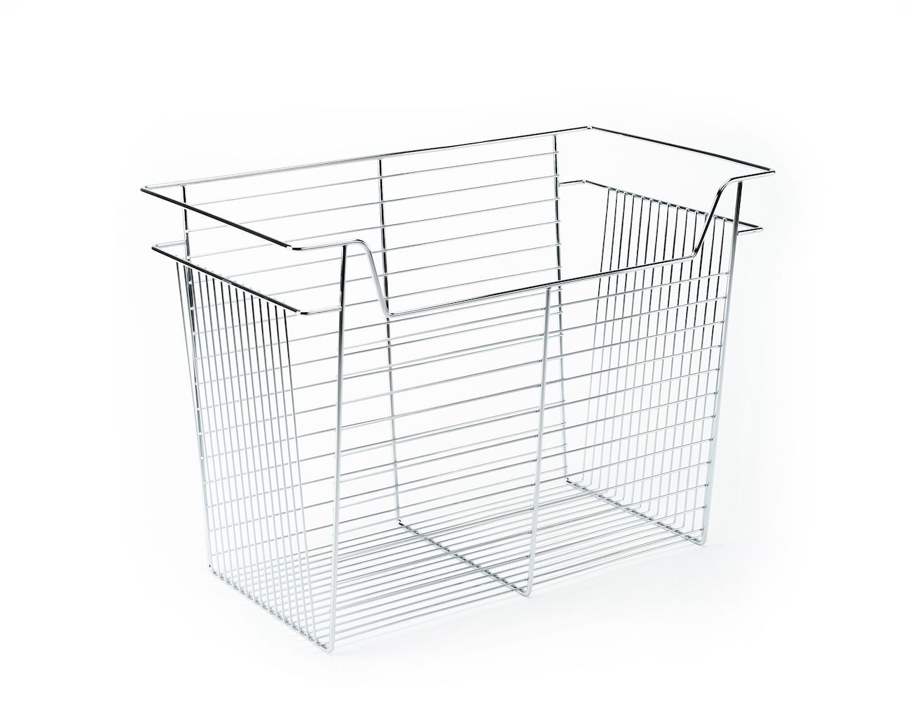 A metal laundry basket with handles on a white background.