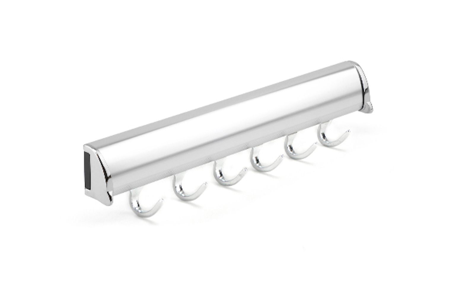 A chrome coat rack with six hooks on a white background.