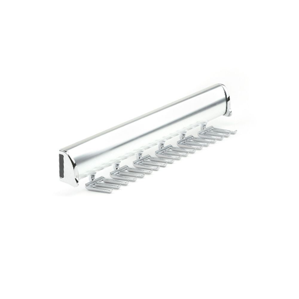 A close up of a tie rack on a white background.