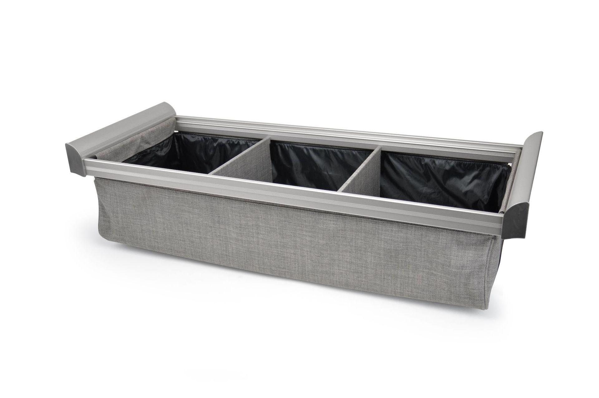 A gray container with three compartments on a white background.