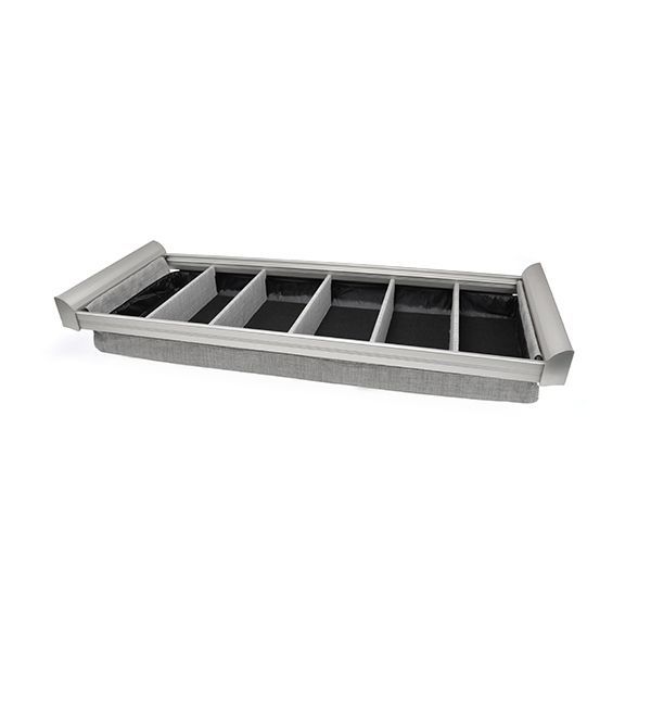 A tray with dividers and a handle on a white background.